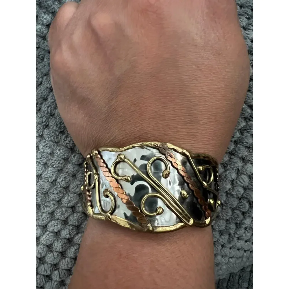 Artisan Mixed Metal Wide Cuff Bracelet – Hammered Silver Brass Copper